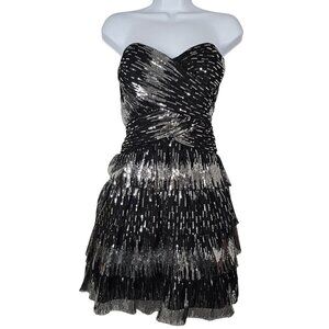 Vintage Roberta Sequin Cocktail Mini Dress Sweetheart Silver Black Size 7/8